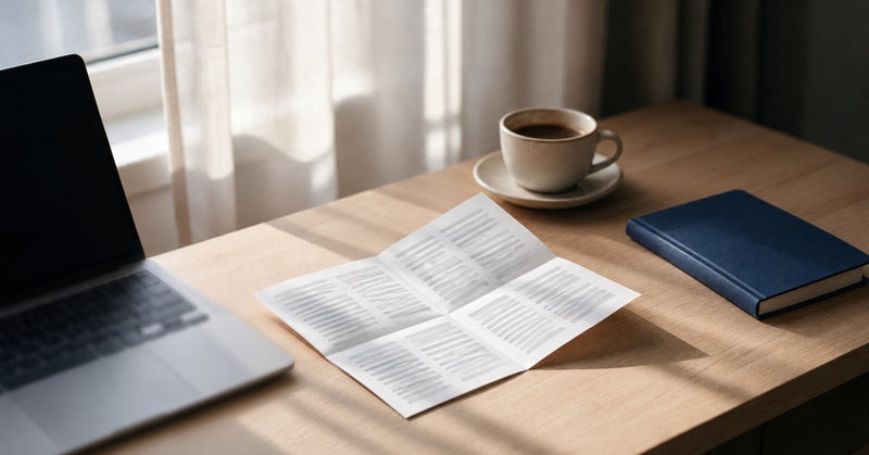 A folded medication leaflet on a desk, next to a laptop, a cup of coffee and a notebook