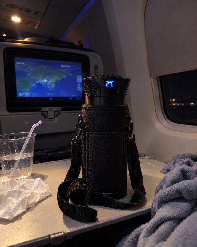 The Secrets Box on an airplane tray table, on a night flight, with the display showing 2°C