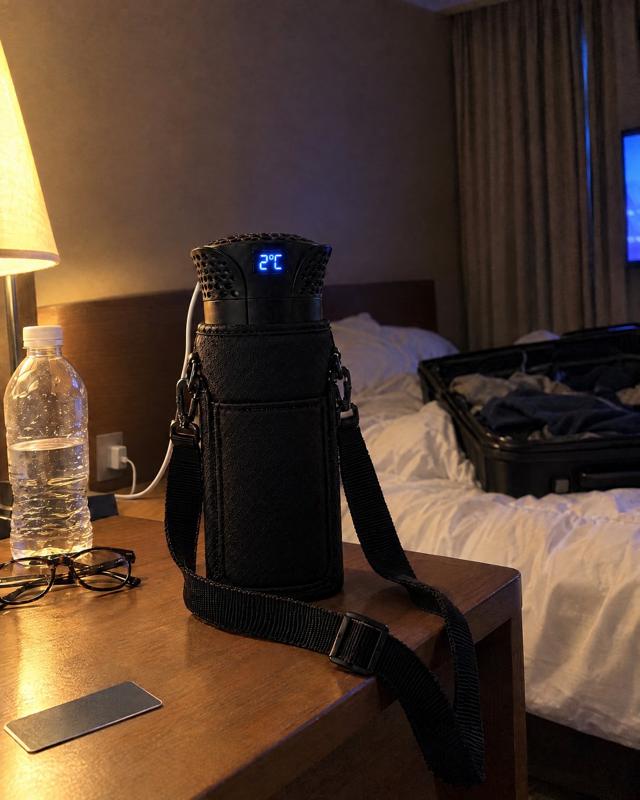 The Secrets Box on a dresser in a hotel room, plugged into an outlet, with the display showing 2°C