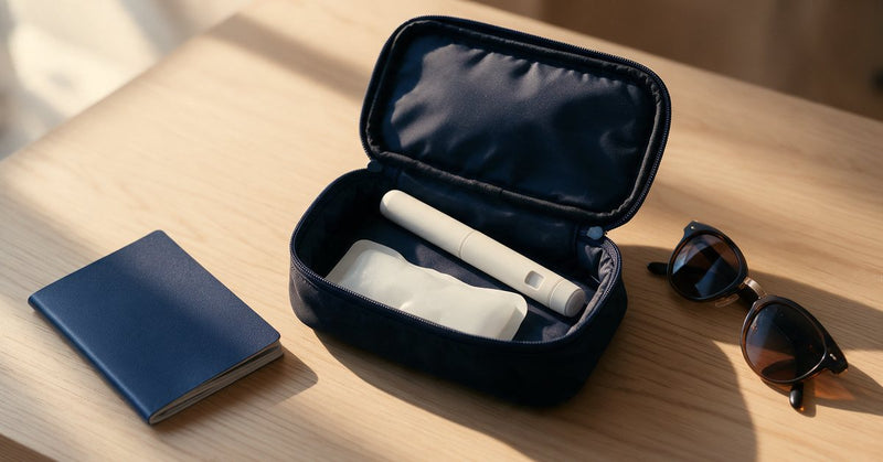 נרתיק קירור פתוח על שולחן עץ, ובתוכו עט תרופה סגור וקרחון, לצד דרכון ומשקפי שמש, בהכנה לנסיעה