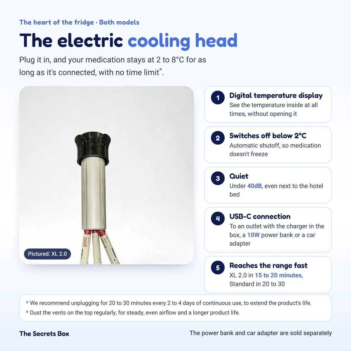The Secrets Box electric cooling head: digital temperature display, auto shut-off below 2°C (36°F), quiet under 40 dB and USB-C connection. We recommend unplugging it for 20 to 30 minutes every 2 to 4 days of continuous use, and dusting the air vents