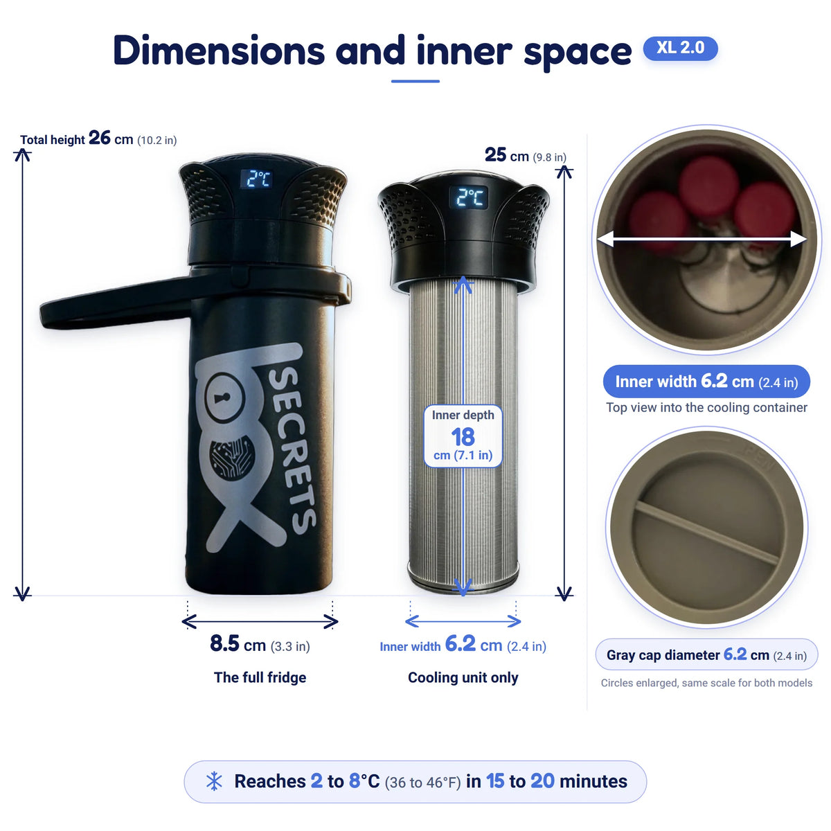 Dimensions and inner space of The Secrets Box XL 2.0: full fridge height 26 cm (10.2 in), cooling unit 25 cm (9.8 in), inner width 6.2 cm (2.4 in), inner depth 18 cm (7.1 in), reaches 2 to 8°C (36 to 46°F) in 15 to 20 minutes