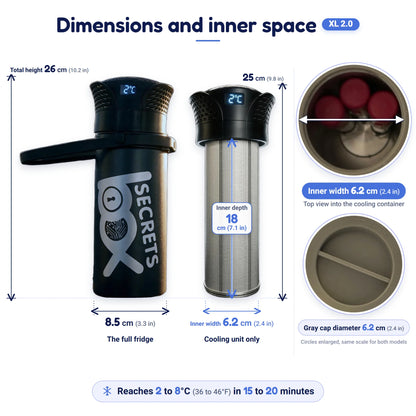Dimensions and inner space of The Secrets Box XL 2.0: full fridge height 26 cm (10.2 in), cooling unit 25 cm (9.8 in), inner width 6.2 cm (2.4 in), inner depth 18 cm (7.1 in), reaches 2 to 8°C (36 to 46°F) in 15 to 20 minutes