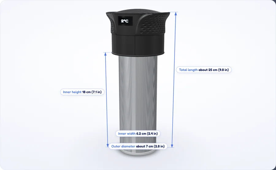 The XL 2.0 cooling container in 3D, with dimension lines